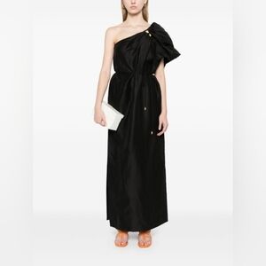 Aje Black Cira Midi Dress One Shoulder Gold Accent Draped Linen Blend XS 2 NWT